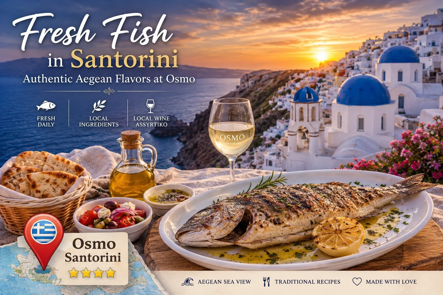 Fresh grilled fish at Osmo Santorini rooftop restaurant overlooking the Aegean Sea