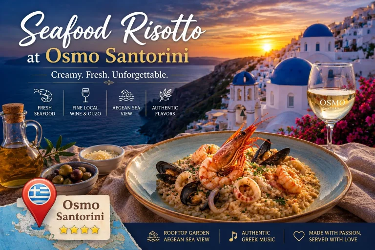 Seafood risotto at Osmo Santorini rooftop restaurant overlooking the Aegean Sea